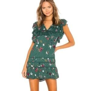 Tularosa Lindsay Dress in Emerald Ruffled Sleeves Embroidered Sparkle Size Small